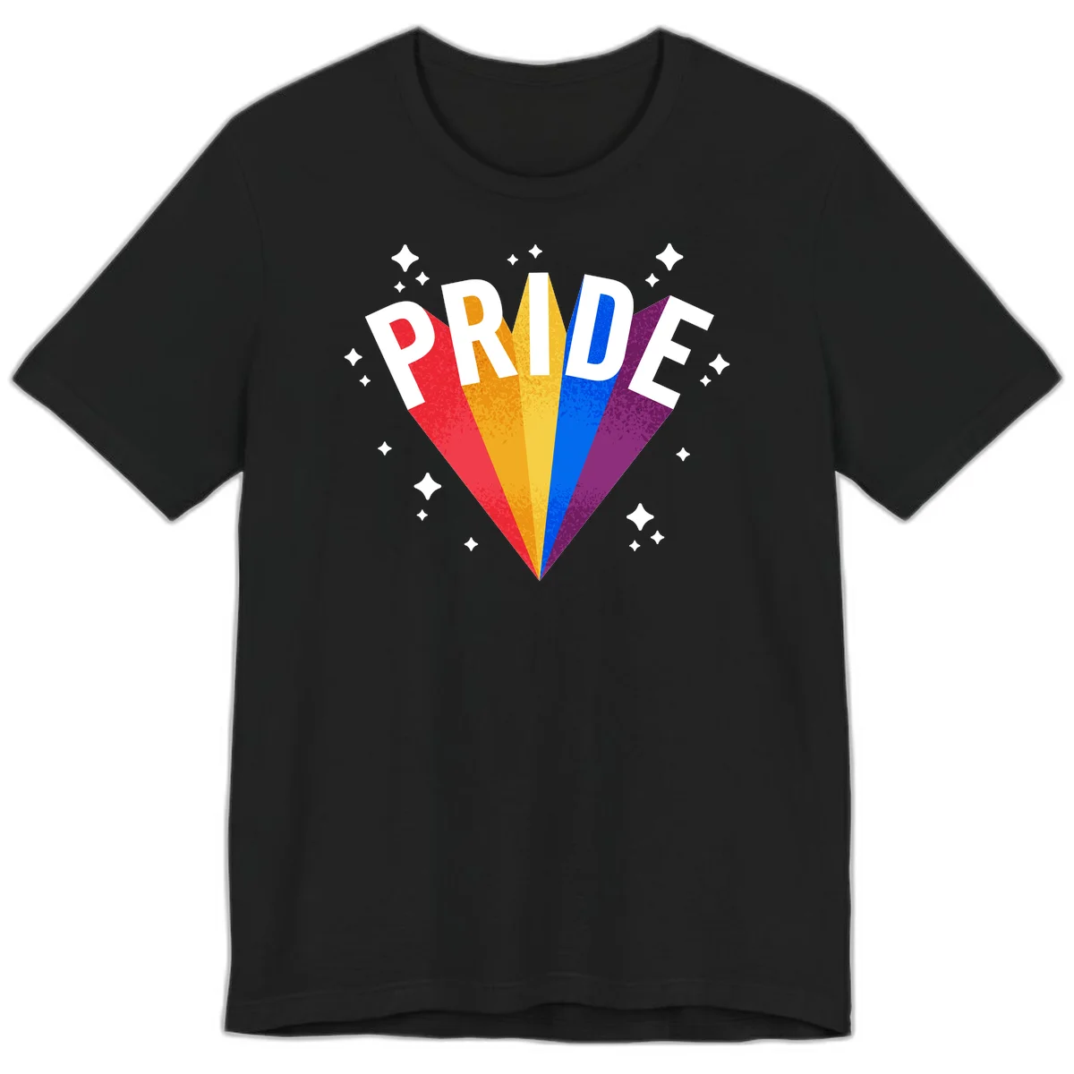 Rainbow pride fan design with colorful stripes in red, orange, yellow, blue, and purple radiating outward with white PRIDE text and decorative sparkles in Black
