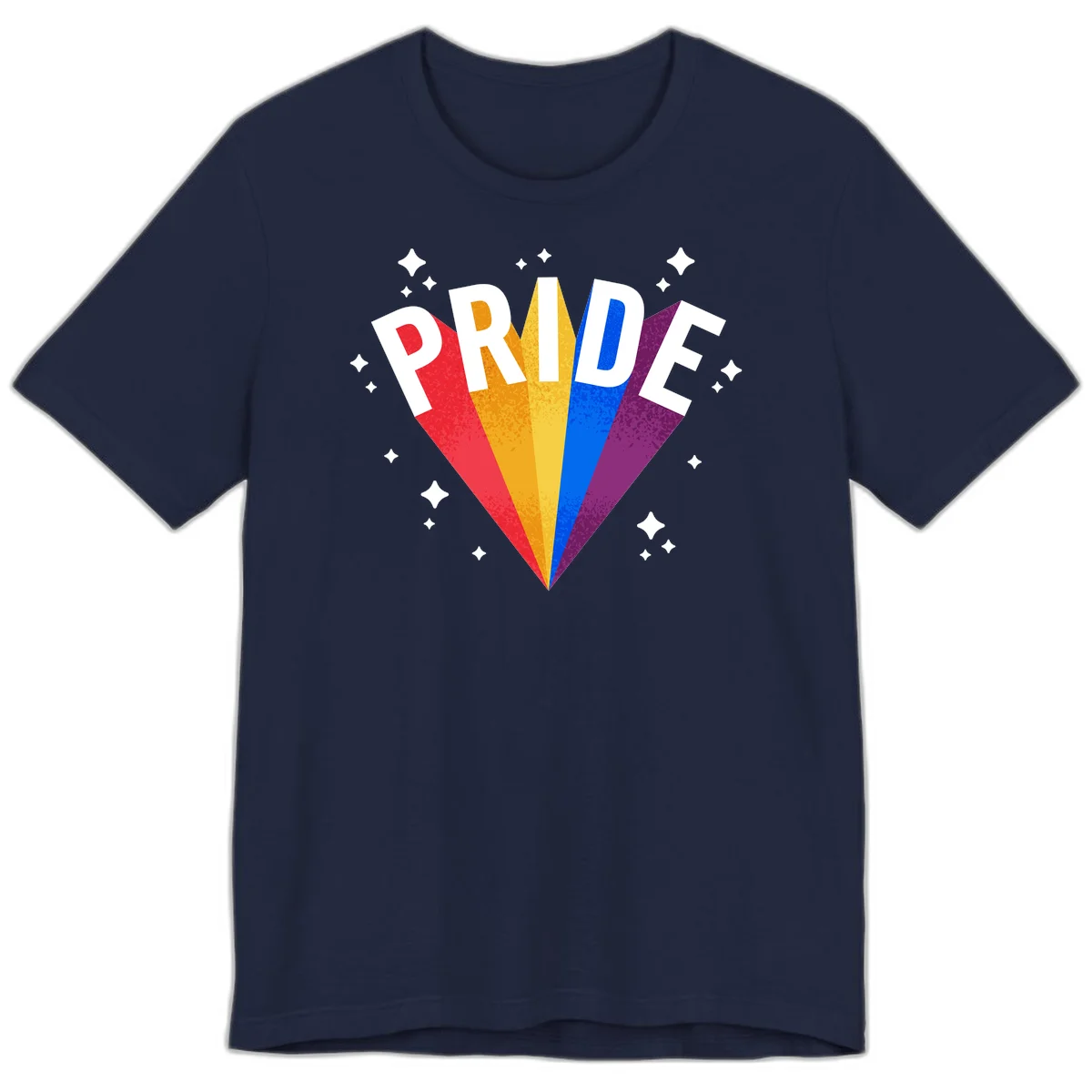Rainbow pride fan design with colorful stripes in red, orange, yellow, blue, and purple radiating outward with white PRIDE text and decorative sparkles in Navy