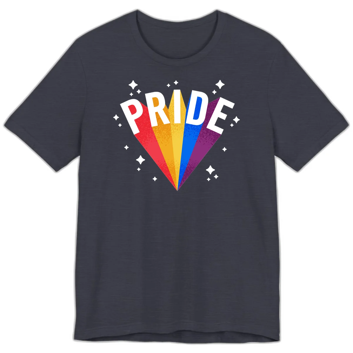 Rainbow pride fan design with colorful stripes in red, orange, yellow, blue, and purple radiating outward with white PRIDE text and decorative sparkles in Heather Midnight Navy