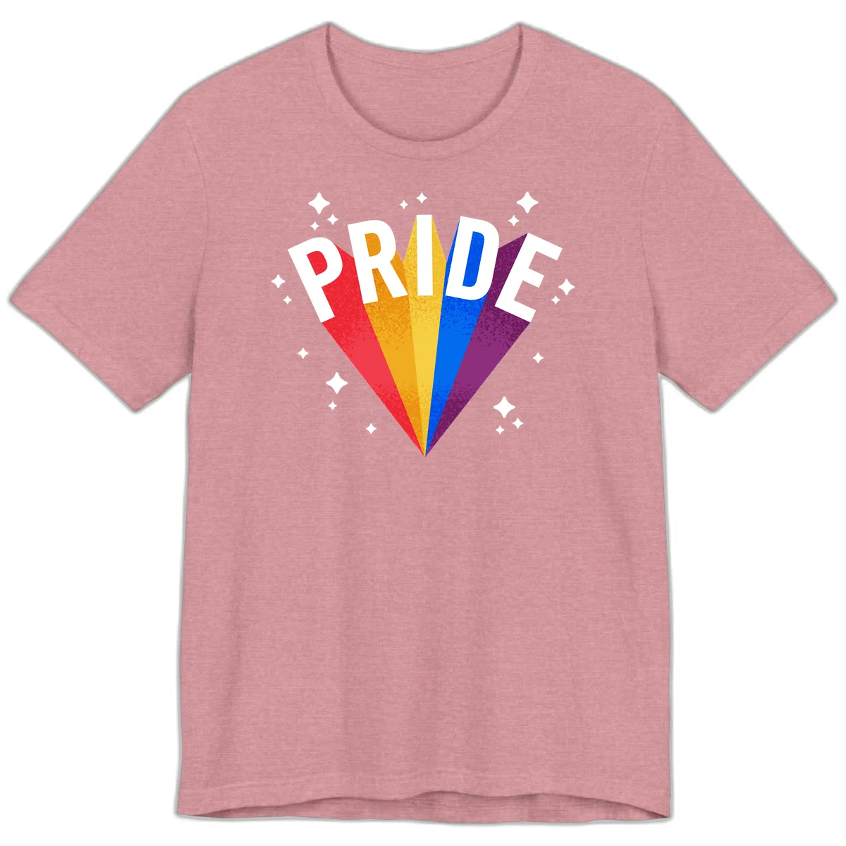 Rainbow pride fan design with colorful stripes in red, orange, yellow, blue, and purple radiating outward with white PRIDE text and decorative sparkles in Heather Orchid