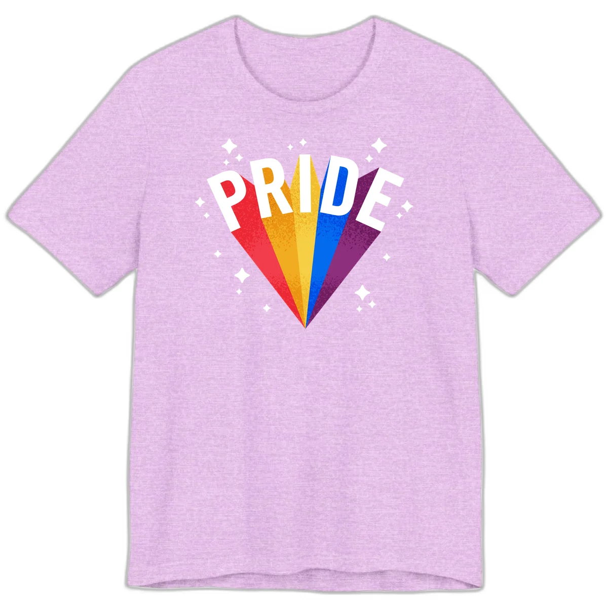 Rainbow pride fan design with colorful stripes in red, orange, yellow, blue, and purple radiating outward with white PRIDE text and decorative sparkles in Heather Prism Lilac