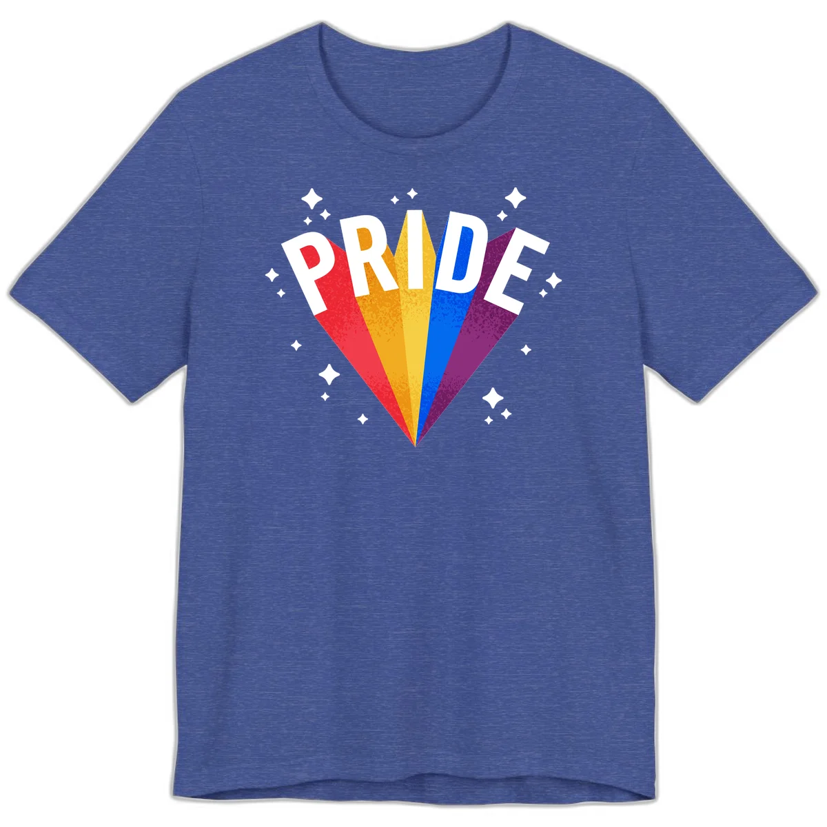 Rainbow pride fan design with colorful stripes in red, orange, yellow, blue, and purple radiating outward with white PRIDE text and decorative sparkles in Heather True Royal