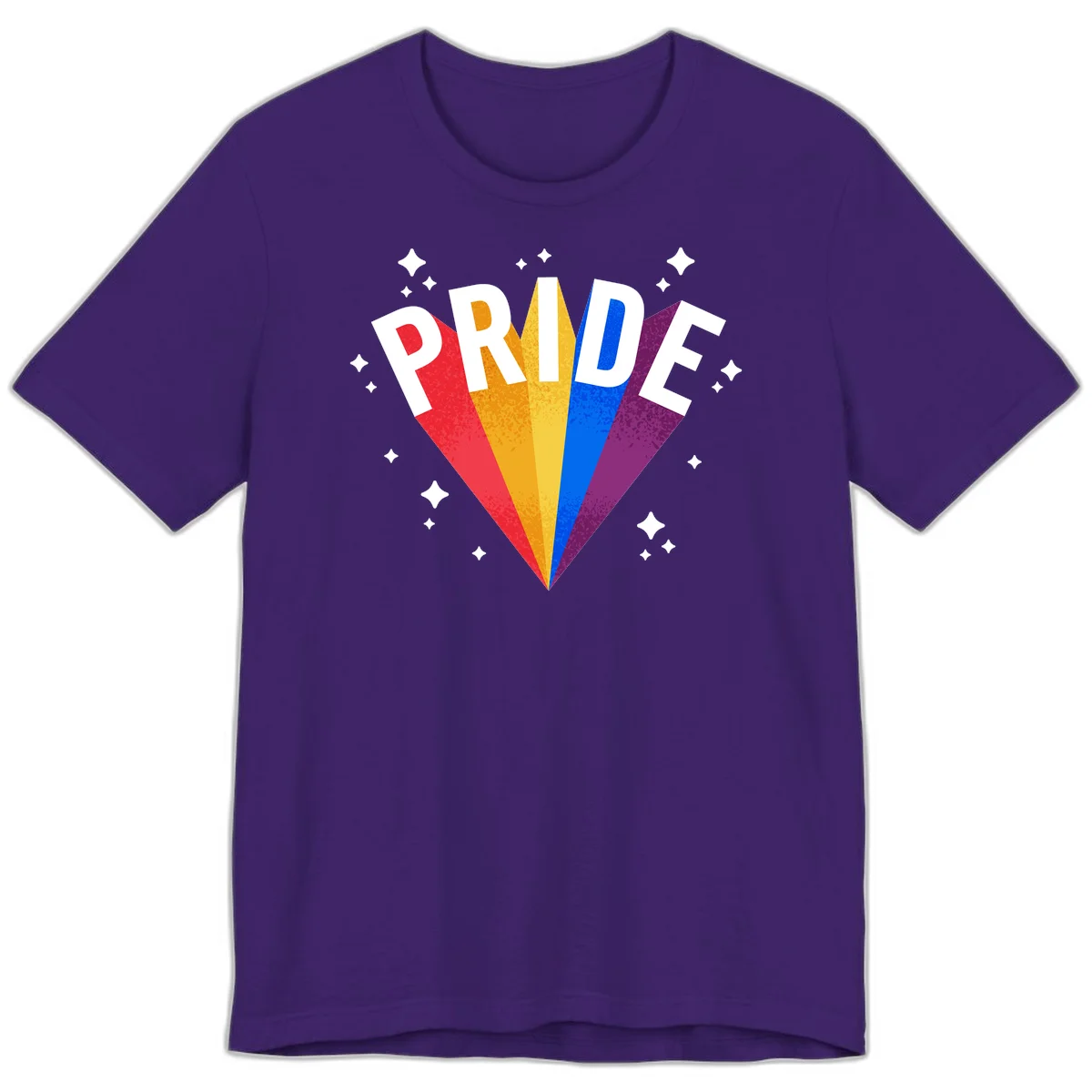 Rainbow pride fan design with colorful stripes in red, orange, yellow, blue, and purple radiating outward with white PRIDE text and decorative sparkles in Team Purple