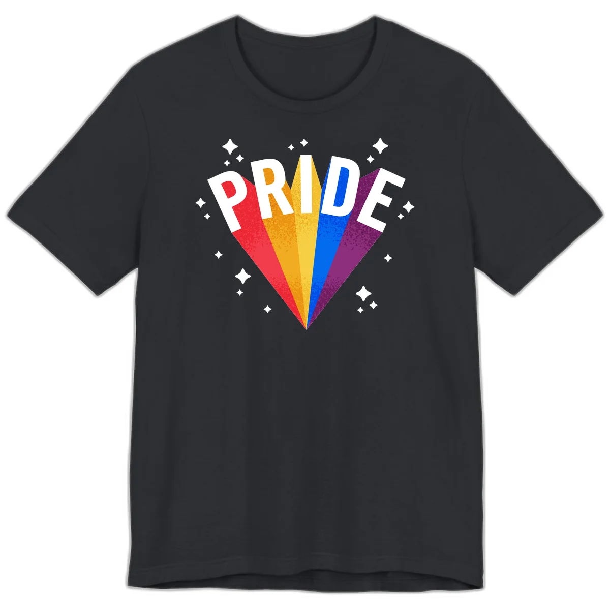 Rainbow pride fan design with colorful stripes in red, orange, yellow, blue, and purple radiating outward with white PRIDE text and decorative sparkles in Vintage Black