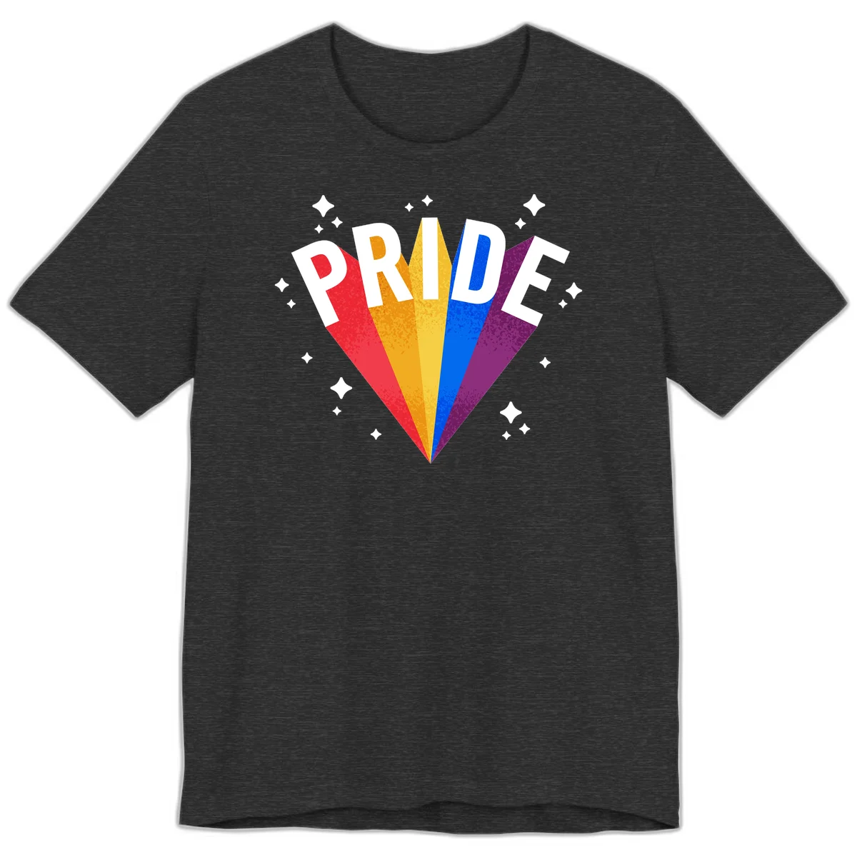 Rainbow pride fan design with colorful stripes in red, orange, yellow, blue, and purple radiating outward with white PRIDE text and decorative sparkles in Dark Grey Heather