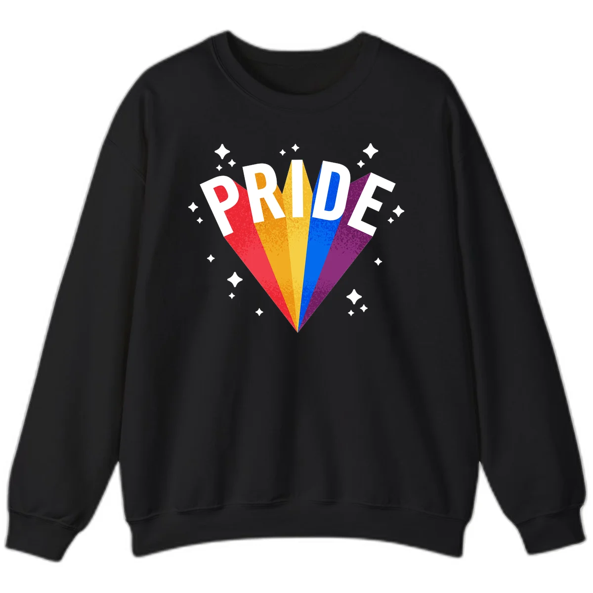 Rainbow pride fan design with colorful stripes in red, orange, yellow, blue, and purple radiating outward with white PRIDE text and decorative sparkles in Black