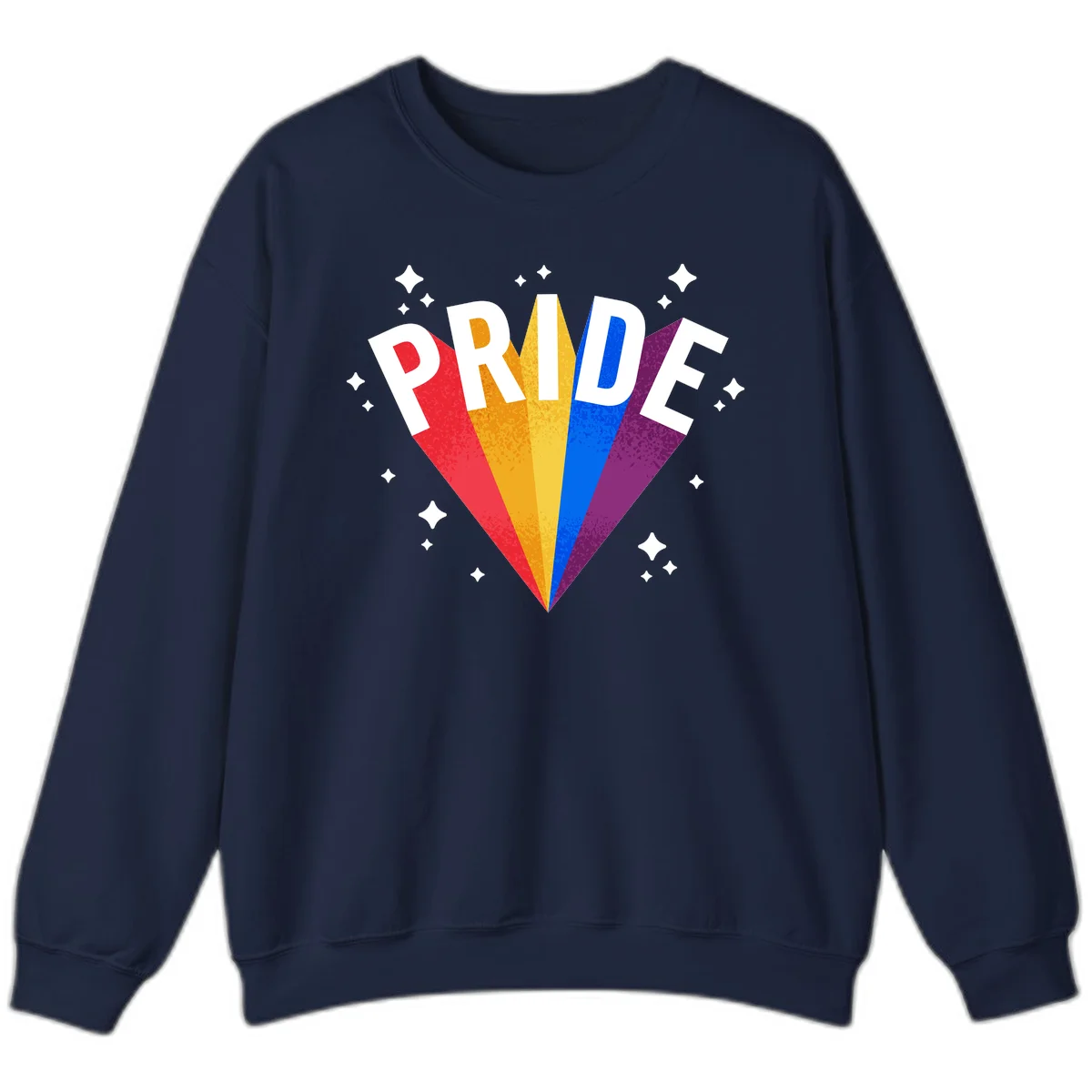 Rainbow pride fan design with colorful stripes in red, orange, yellow, blue, and purple radiating outward with white PRIDE text and decorative sparkles in Navy