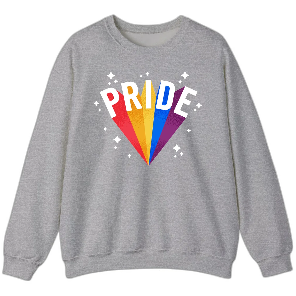 Rainbow pride fan design with colorful stripes in red, orange, yellow, blue, and purple radiating outward with white PRIDE text and decorative sparkles in Sport Grey