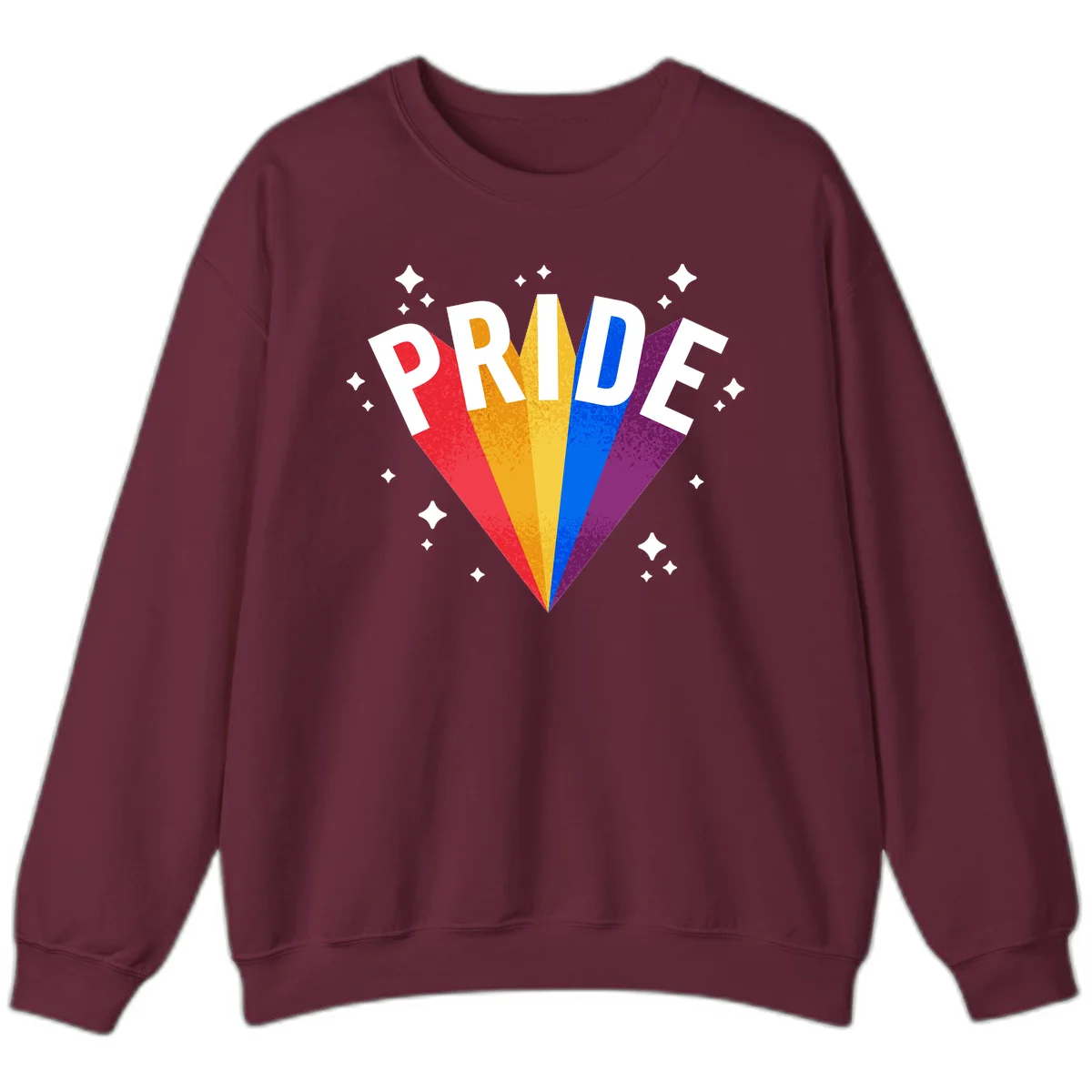 Rainbow pride fan design with colorful stripes in red, orange, yellow, blue, and purple radiating outward with white PRIDE text and decorative sparkles in Maroon