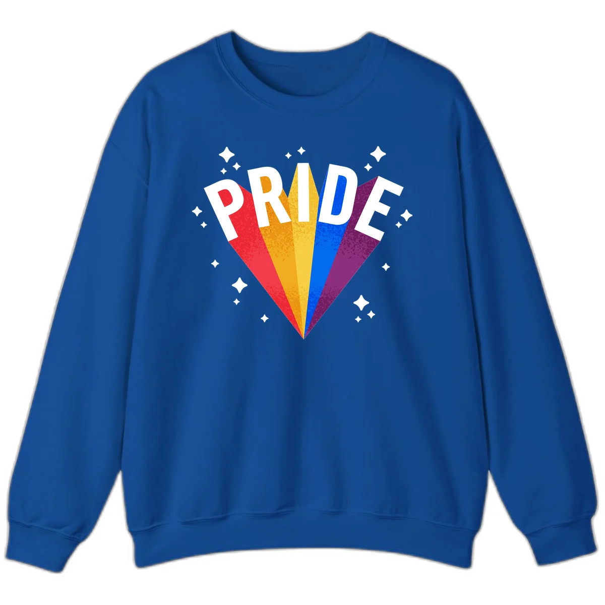 Rainbow pride fan design with colorful stripes in red, orange, yellow, blue, and purple radiating outward with white PRIDE text and decorative sparkles in Royal