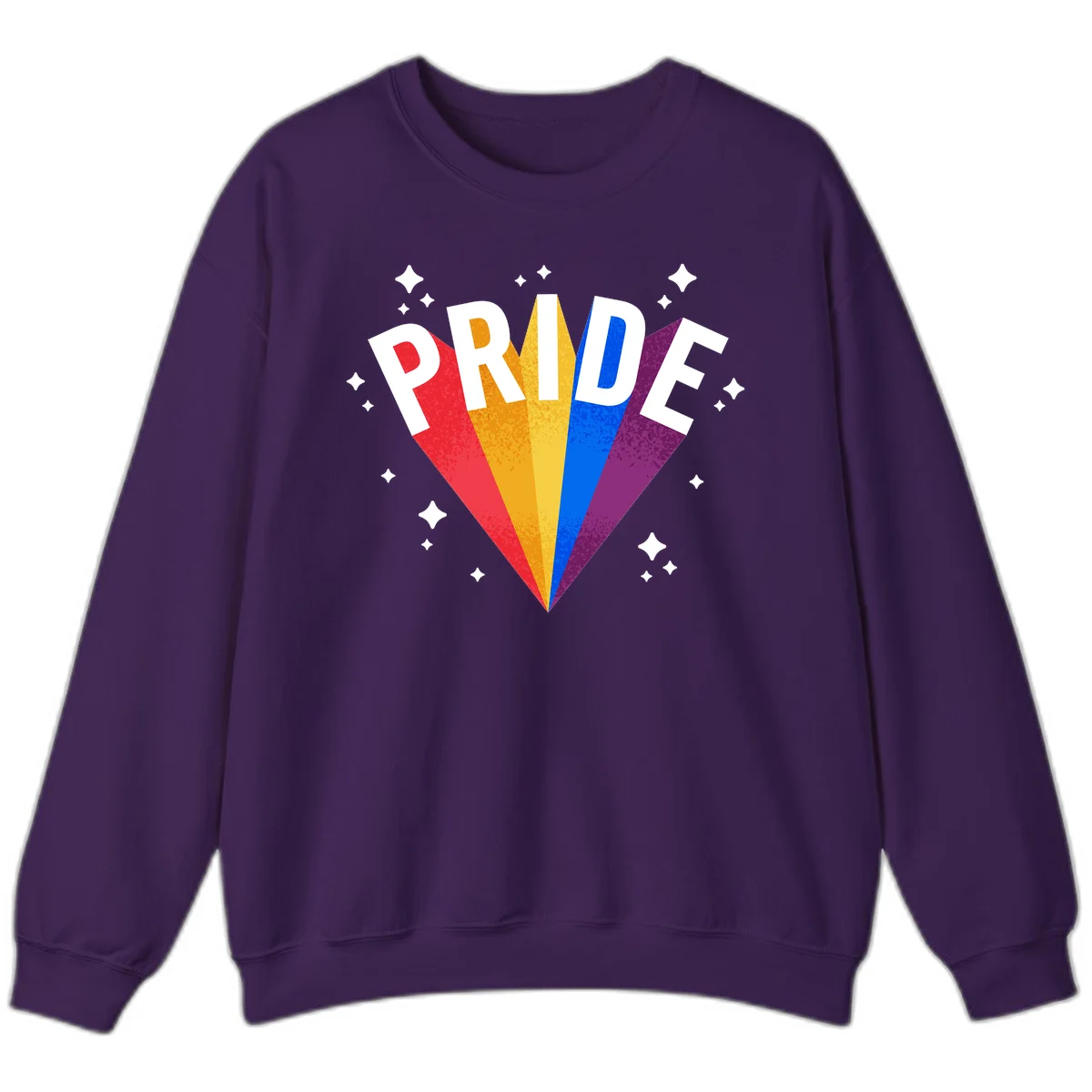 Rainbow pride fan design with colorful stripes in red, orange, yellow, blue, and purple radiating outward with white PRIDE text and decorative sparkles in Purple