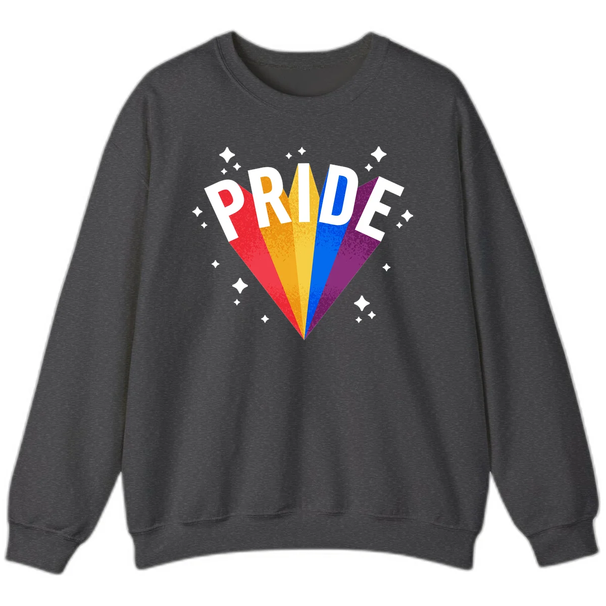 Rainbow pride fan design with colorful stripes in red, orange, yellow, blue, and purple radiating outward with white PRIDE text and decorative sparkles in Dark Heather