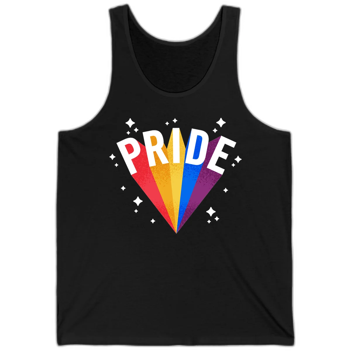 Rainbow pride fan design with colorful stripes in red, orange, yellow, blue, and purple radiating outward with white PRIDE text and decorative sparkles in Black