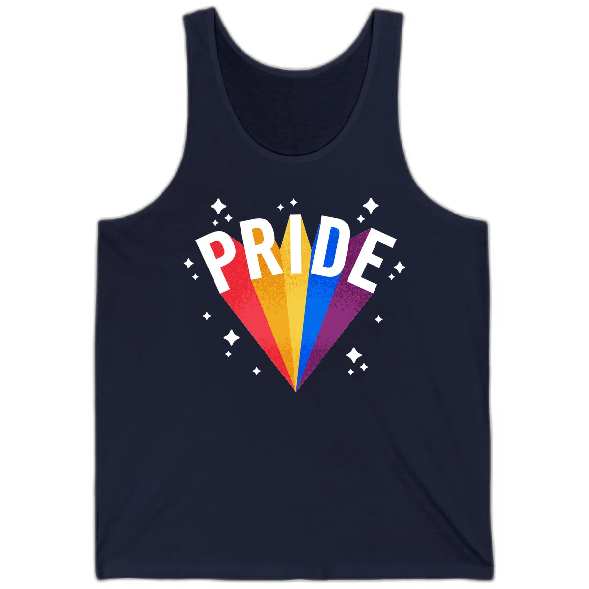 Rainbow pride fan design with colorful stripes in red, orange, yellow, blue, and purple radiating outward with white PRIDE text and decorative sparkles in Navy