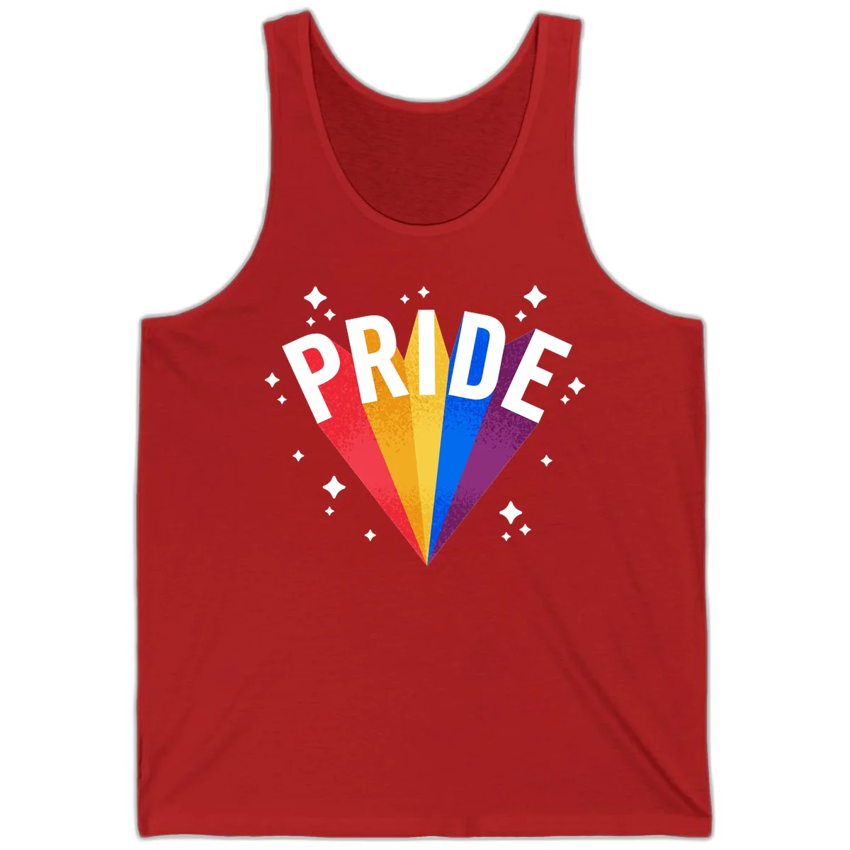 Rainbow pride fan design with colorful stripes in red, orange, yellow, blue, and purple radiating outward with white PRIDE text and decorative sparkles in Red