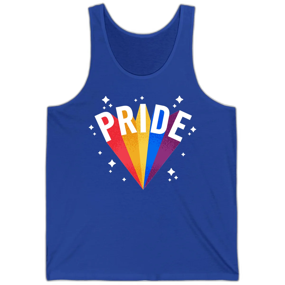 Rainbow pride fan design with colorful stripes in red, orange, yellow, blue, and purple radiating outward with white PRIDE text and decorative sparkles in True Royal