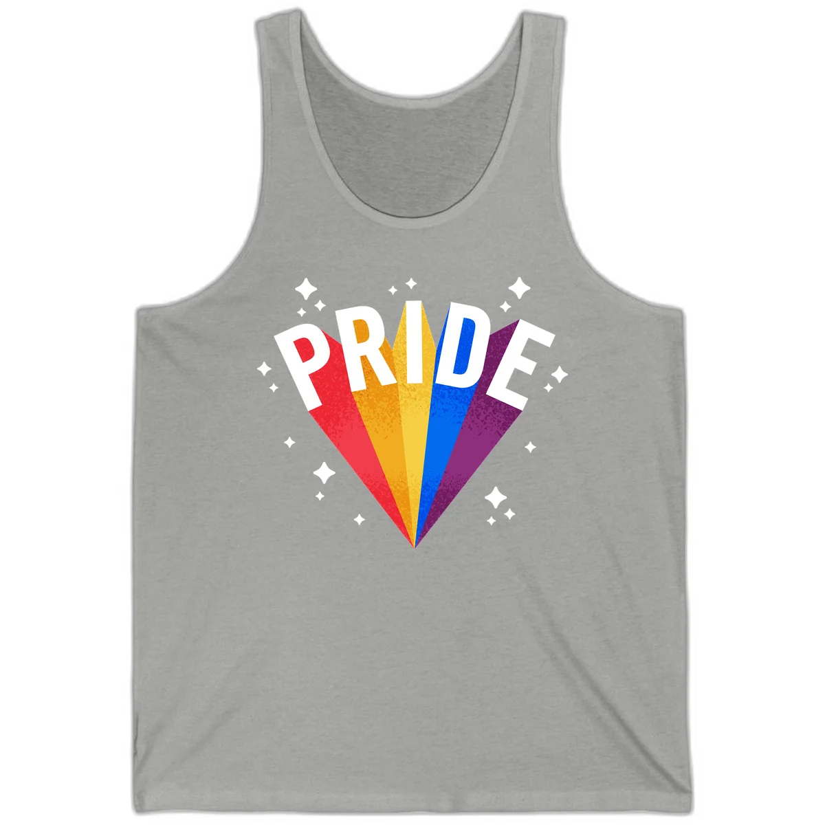 Rainbow pride fan design with colorful stripes in red, orange, yellow, blue, and purple radiating outward with white PRIDE text and decorative sparkles in Athletic Heather