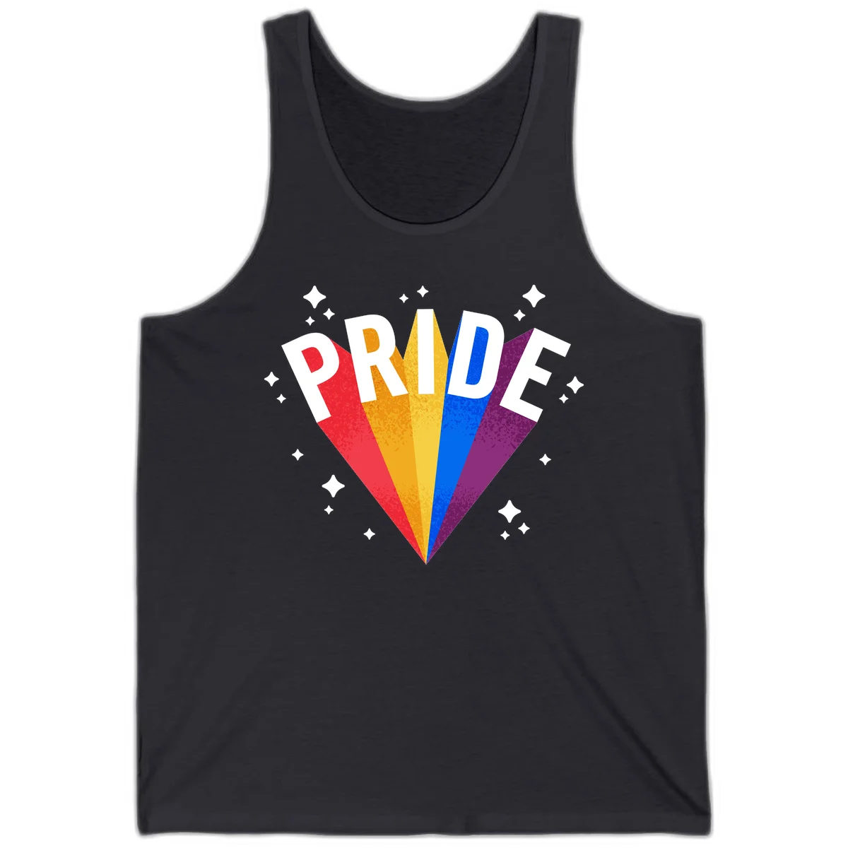 Rainbow pride fan design with colorful stripes in red, orange, yellow, blue, and purple radiating outward with white PRIDE text and decorative sparkles in Dark Grey