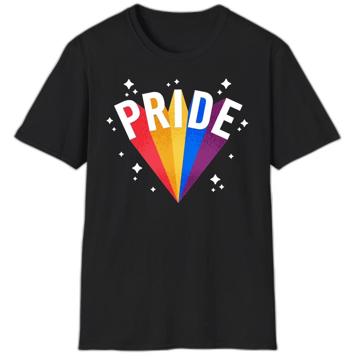 Rainbow pride fan design with colorful stripes in red, orange, yellow, blue, and purple radiating outward with white PRIDE text and decorative sparkles in Black