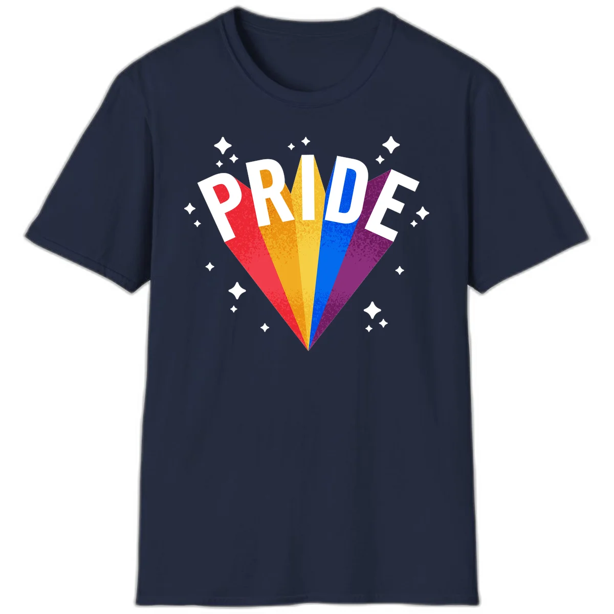 Rainbow pride fan design with colorful stripes in red, orange, yellow, blue, and purple radiating outward with white PRIDE text and decorative sparkles in Navy