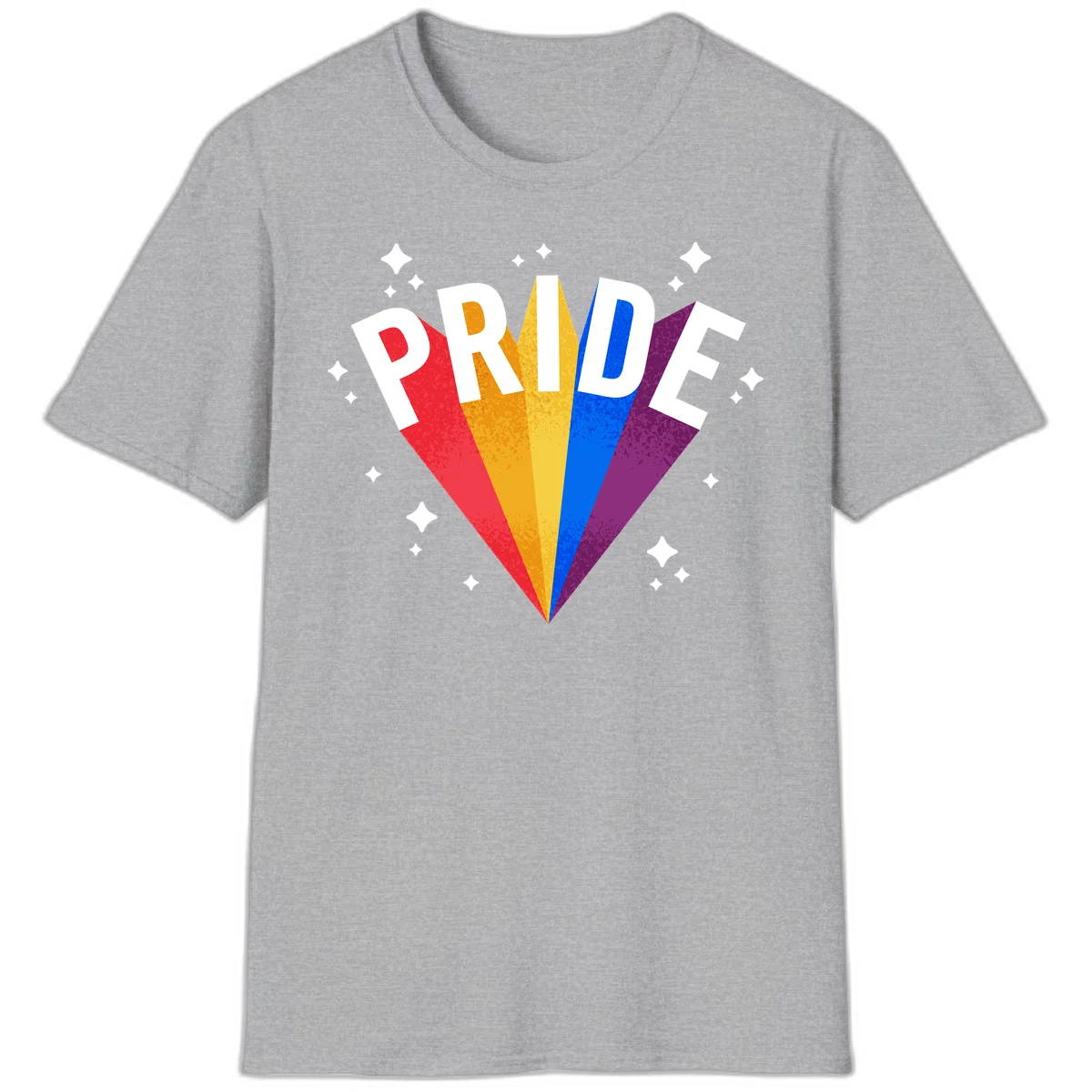 Rainbow pride fan design with colorful stripes in red, orange, yellow, blue, and purple radiating outward with white PRIDE text and decorative sparkles in Sport Grey