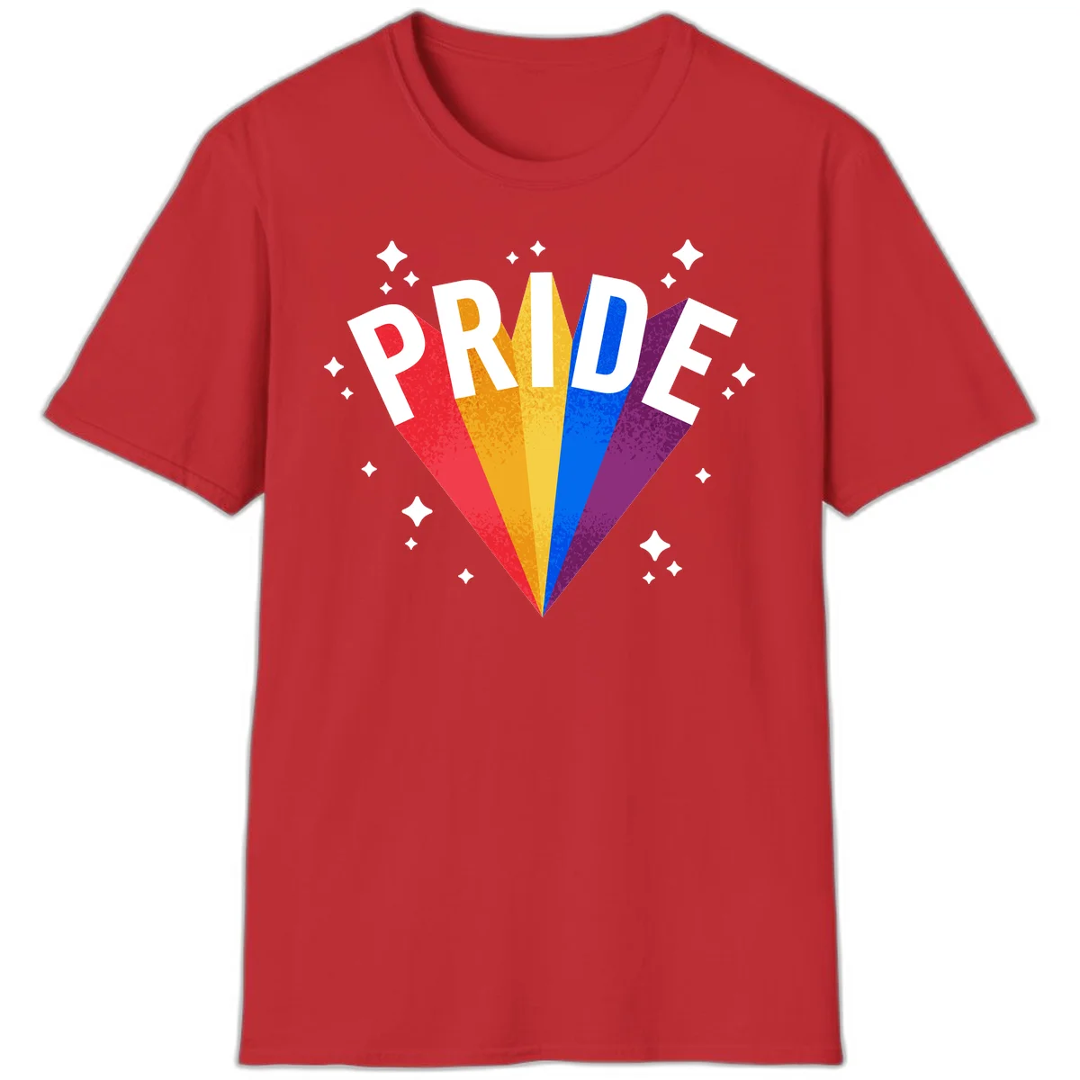 Rainbow pride fan design with colorful stripes in red, orange, yellow, blue, and purple radiating outward with white PRIDE text and decorative sparkles in Red