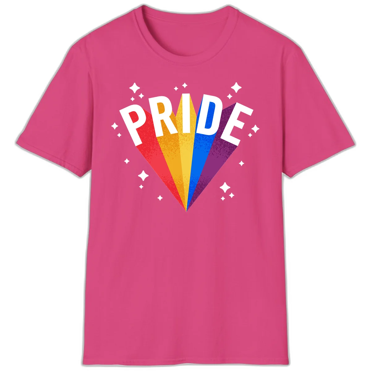 Rainbow pride fan design with colorful stripes in red, orange, yellow, blue, and purple radiating outward with white PRIDE text and decorative sparkles in Heliconia