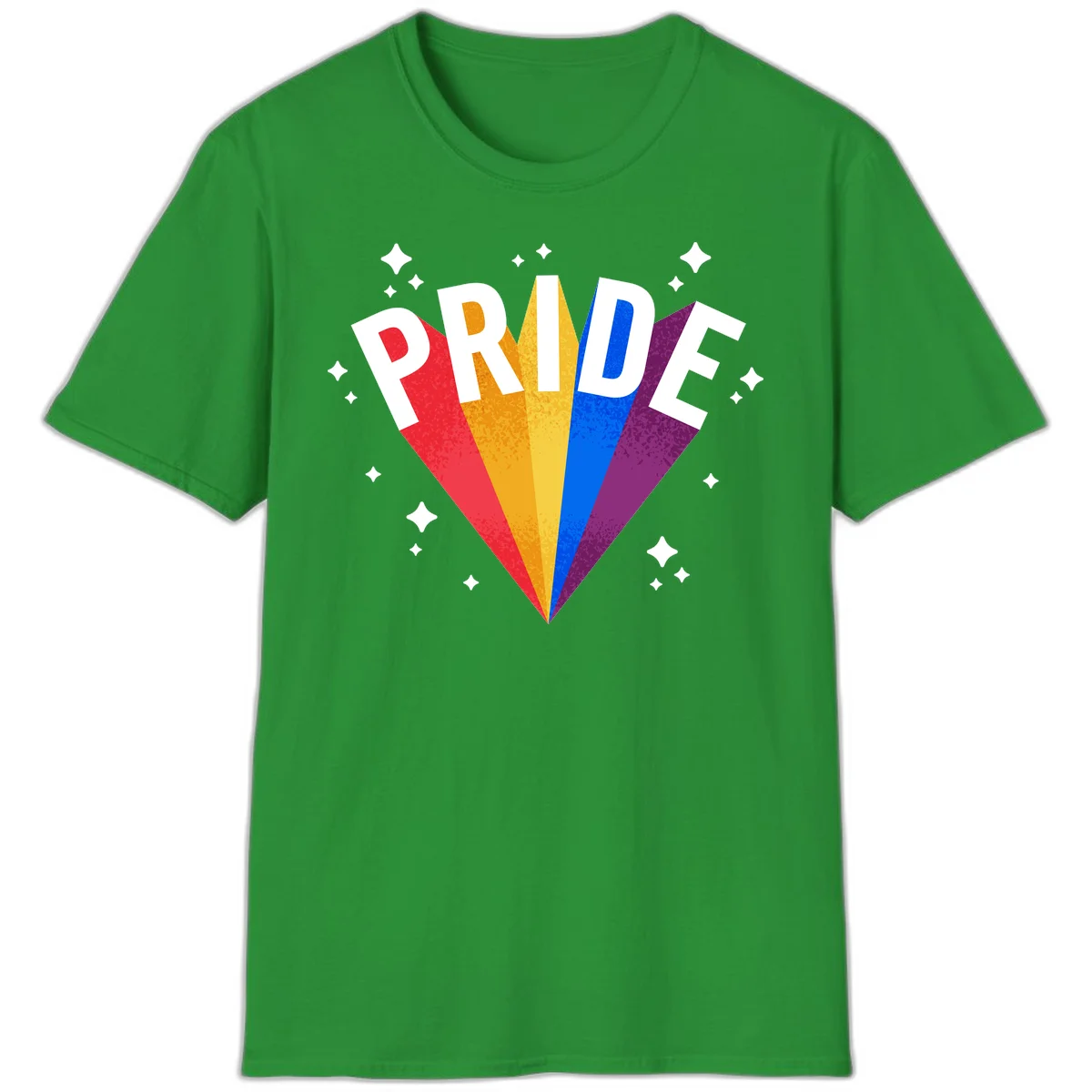 Rainbow pride fan design with colorful stripes in red, orange, yellow, blue, and purple radiating outward with white PRIDE text and decorative sparkles in Irish Green