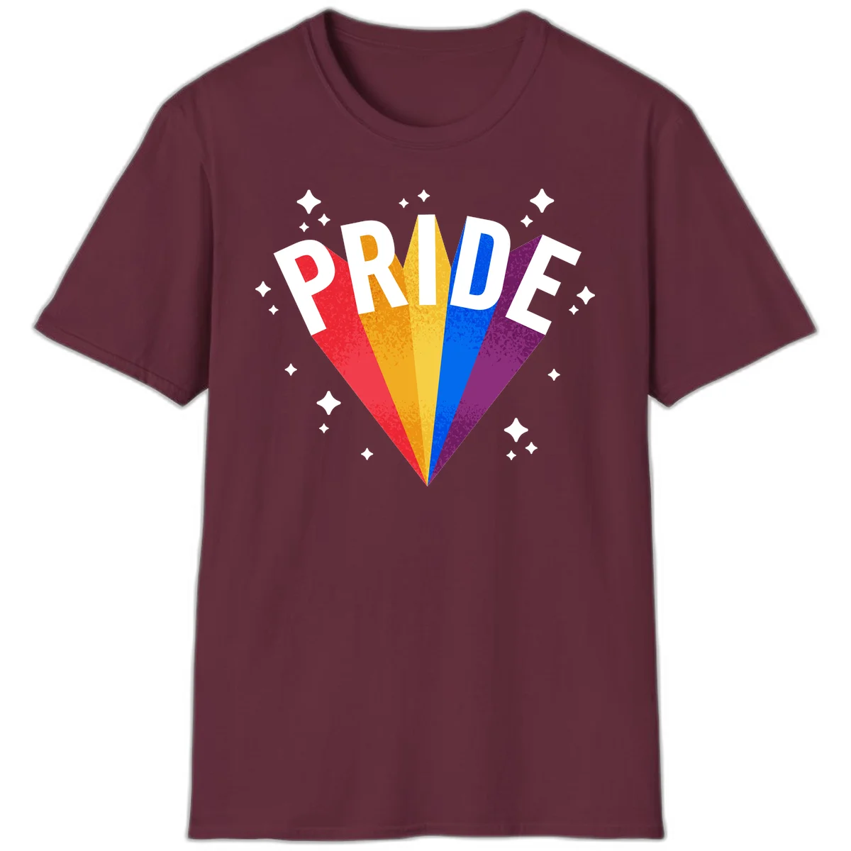 Rainbow pride fan design with colorful stripes in red, orange, yellow, blue, and purple radiating outward with white PRIDE text and decorative sparkles in Maroon