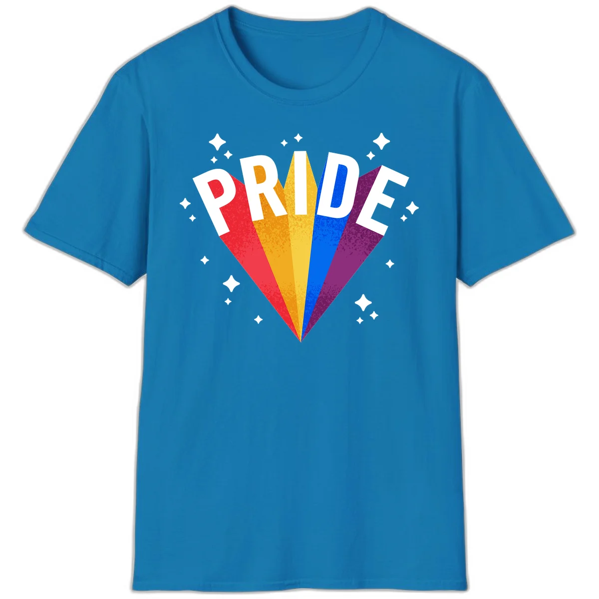 Rainbow pride fan design with colorful stripes in red, orange, yellow, blue, and purple radiating outward with white PRIDE text and decorative sparkles in Sapphire