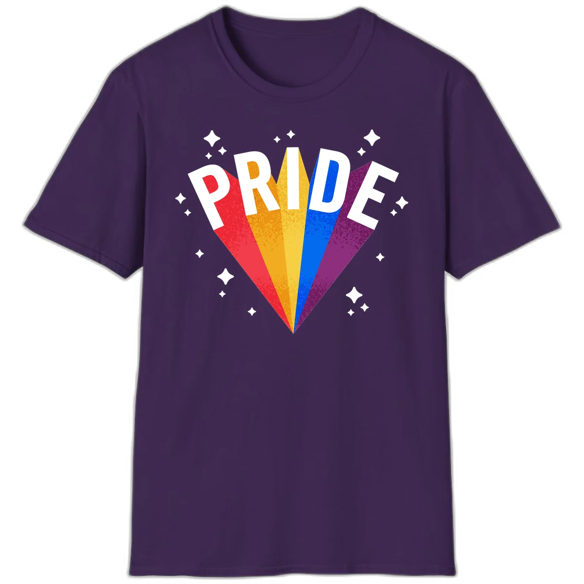 Rainbow pride fan design with colorful stripes in red, orange, yellow, blue, and purple radiating outward with white PRIDE text and decorative sparkles in Purple