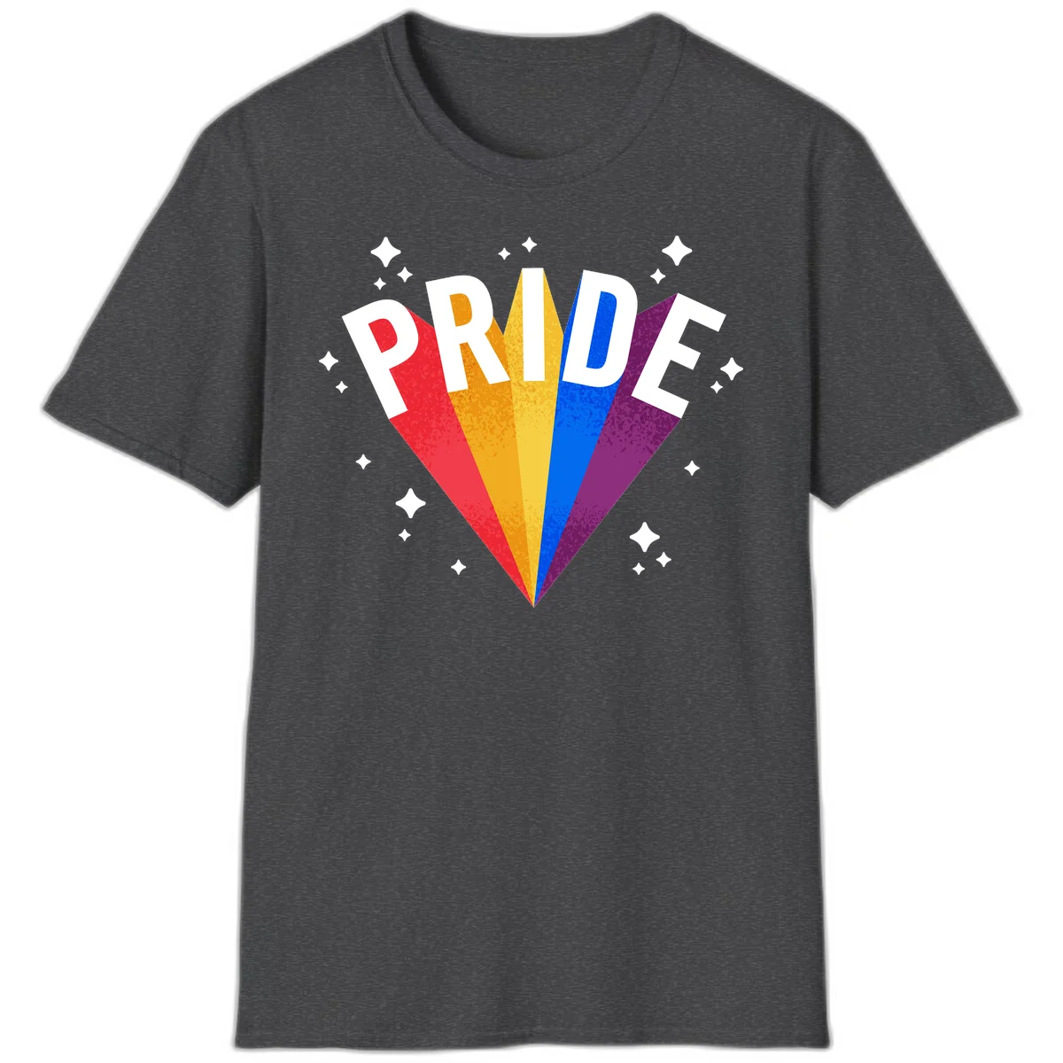 Rainbow pride fan design with colorful stripes in red, orange, yellow, blue, and purple radiating outward with white PRIDE text and decorative sparkles in Dark Heather