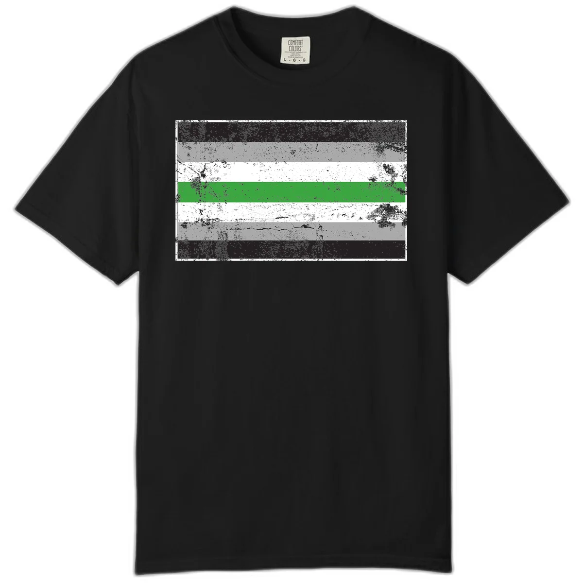 Demigender pride flag with black, gray, white, and green horizontal stripes in distressed grunge texture in Black