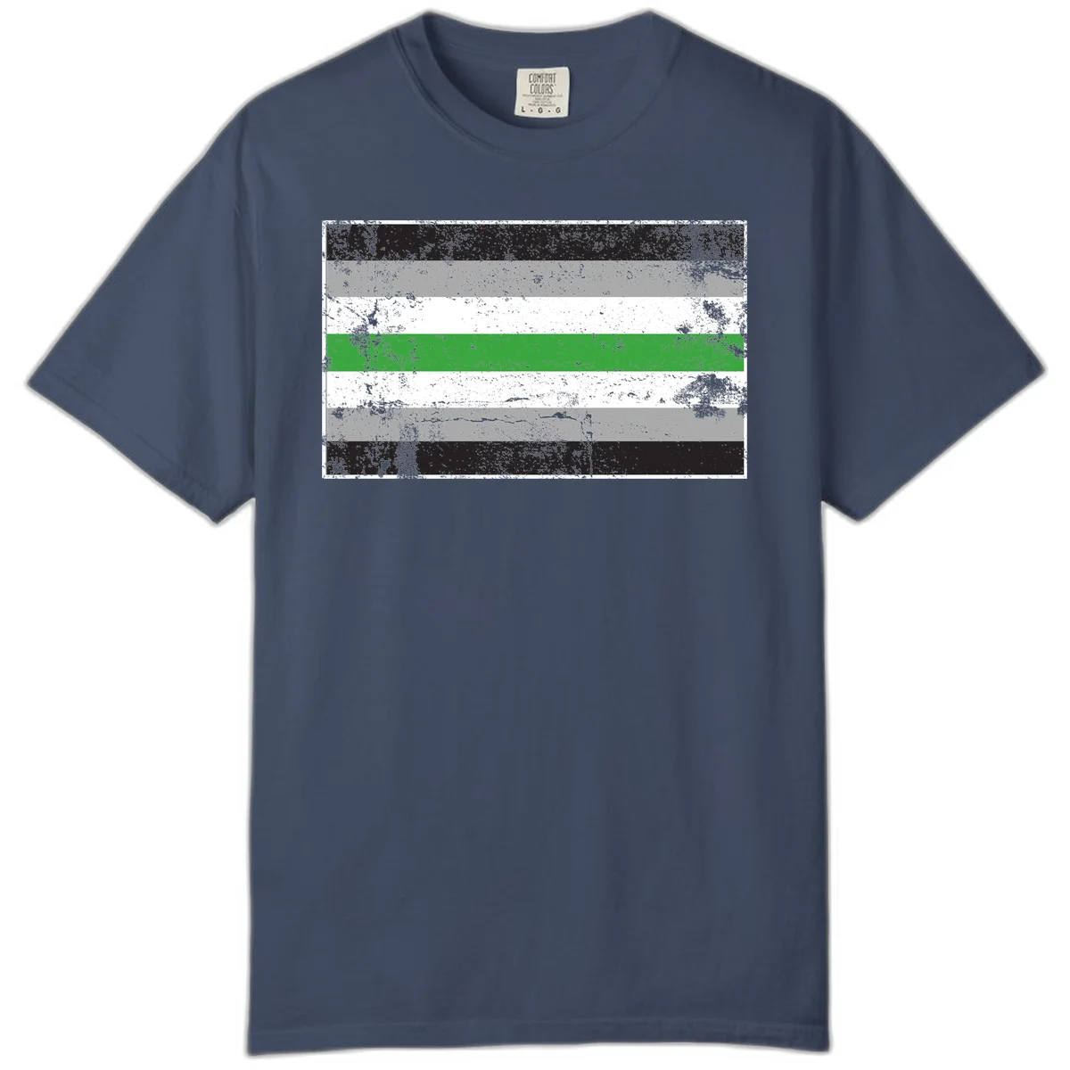 Demigender pride flag with black, gray, white, and green horizontal stripes in distressed grunge texture in Midnight