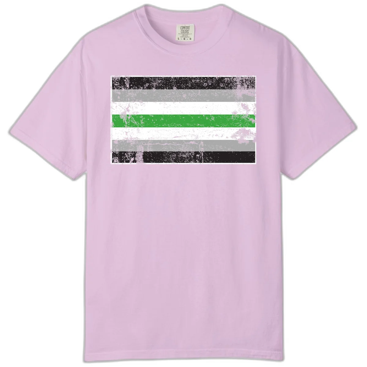Demigender pride flag with black, gray, white, and green horizontal stripes in distressed grunge texture in Orchid