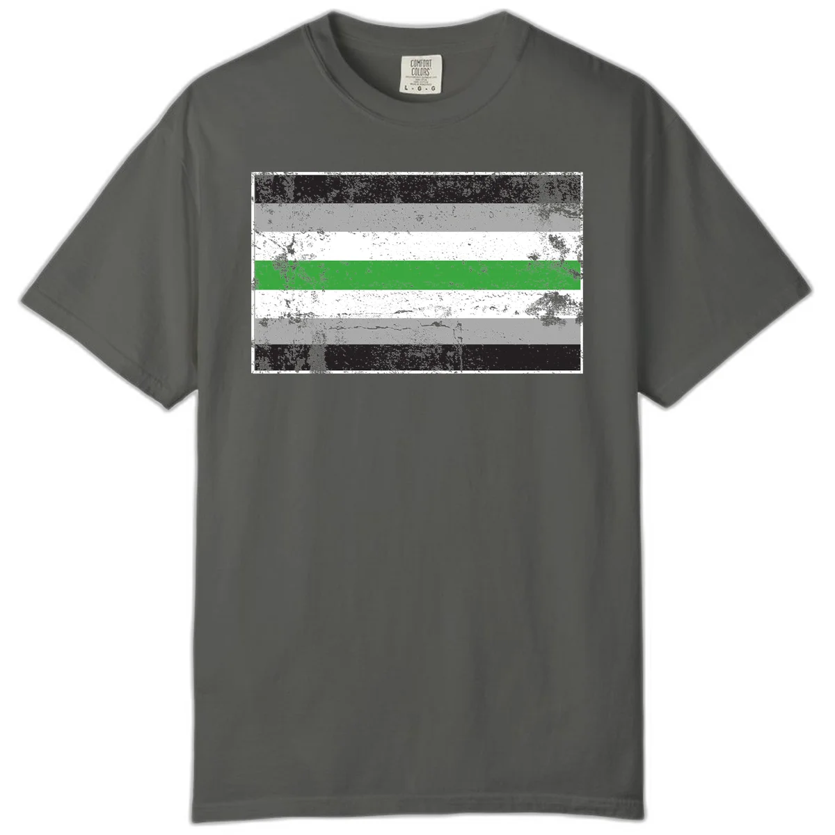 Demigender pride flag with black, gray, white, and green horizontal stripes in distressed grunge texture in Pepper