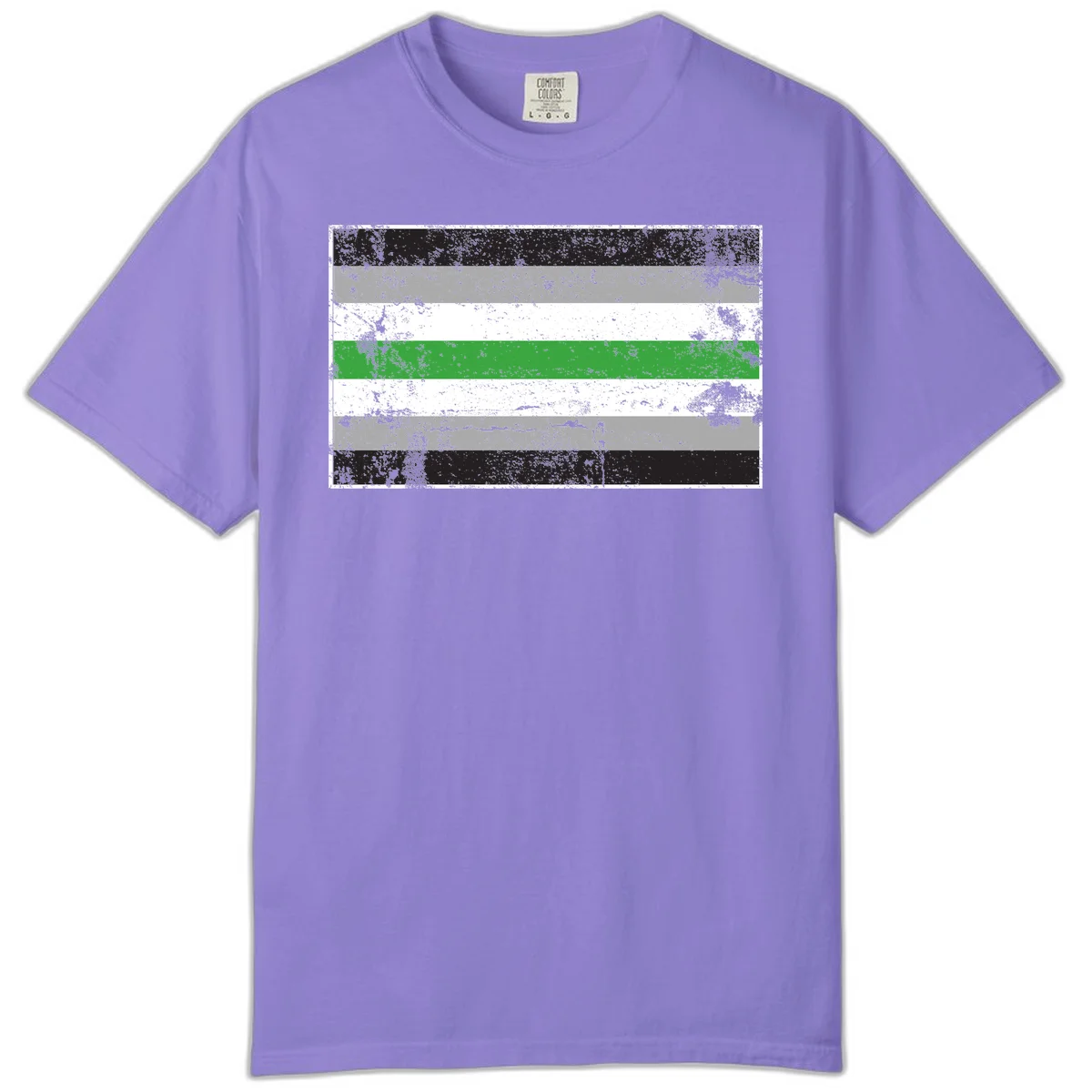 Demigender pride flag with black, gray, white, and green horizontal stripes in distressed grunge texture in Violet