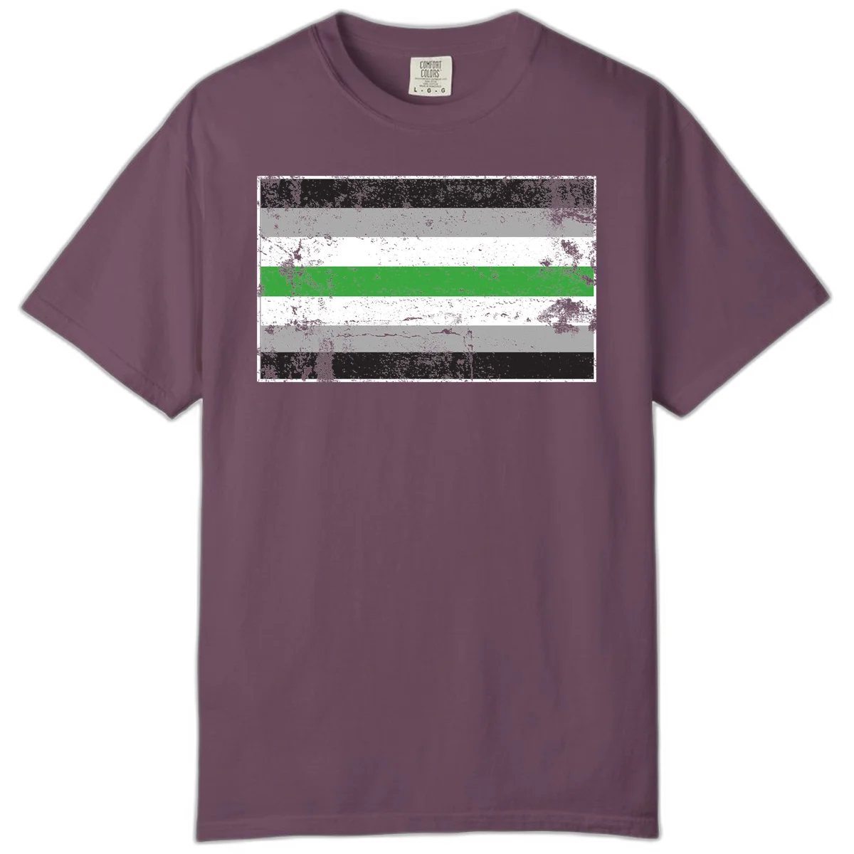 Demigender pride flag with black, gray, white, and green horizontal stripes in distressed grunge texture in Berry