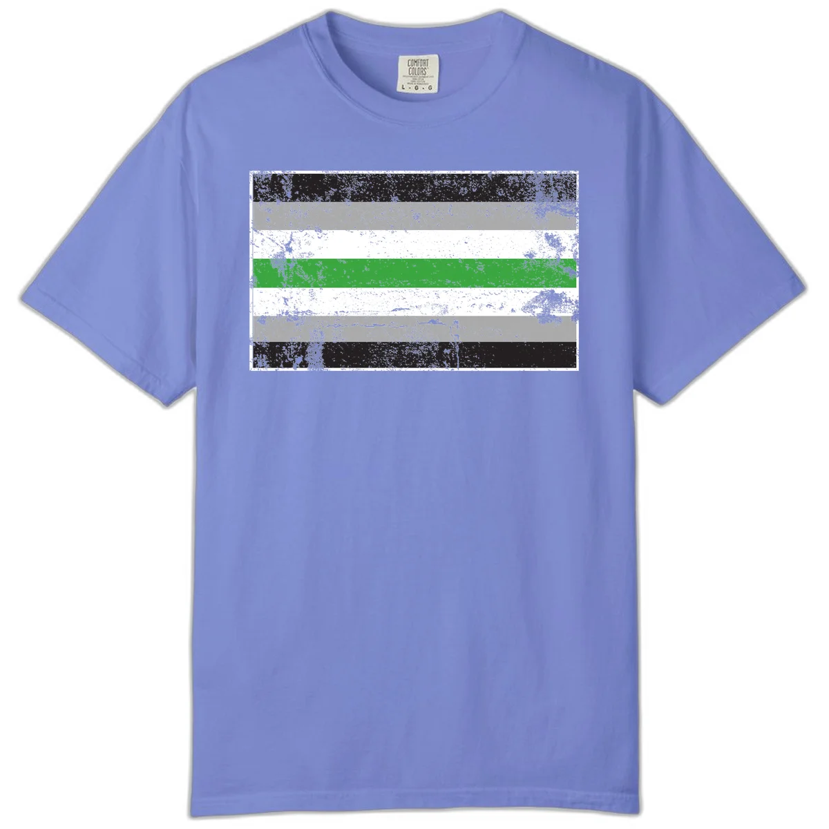 Demigender pride flag with black, gray, white, and green horizontal stripes in distressed grunge texture in Flo Blue