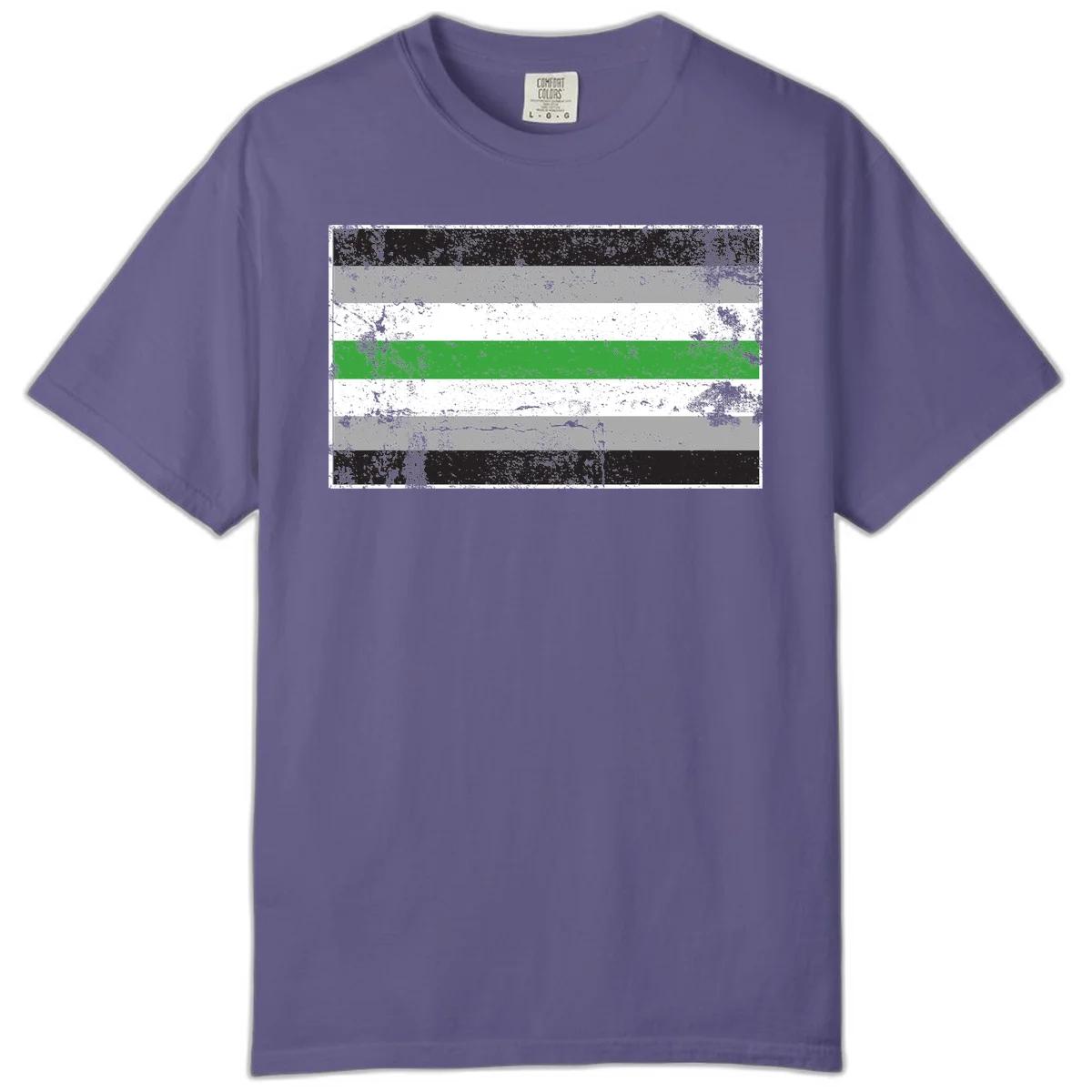 Demigender pride flag with black, gray, white, and green horizontal stripes in distressed grunge texture in Grape
