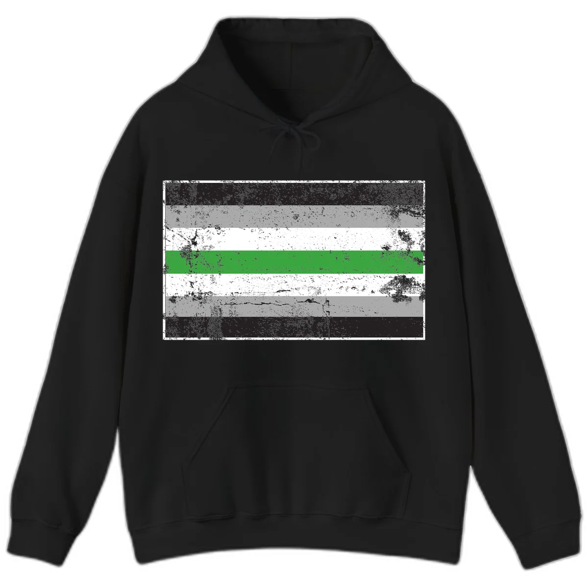 Demigender pride flag with black, gray, white, and green horizontal stripes in distressed grunge texture in Black