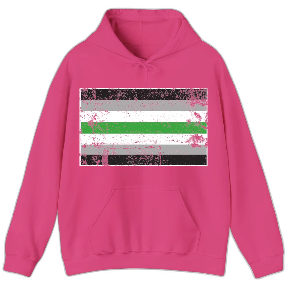 Demigender pride flag with black, gray, white, and green horizontal stripes in distressed grunge texture in Heliconia