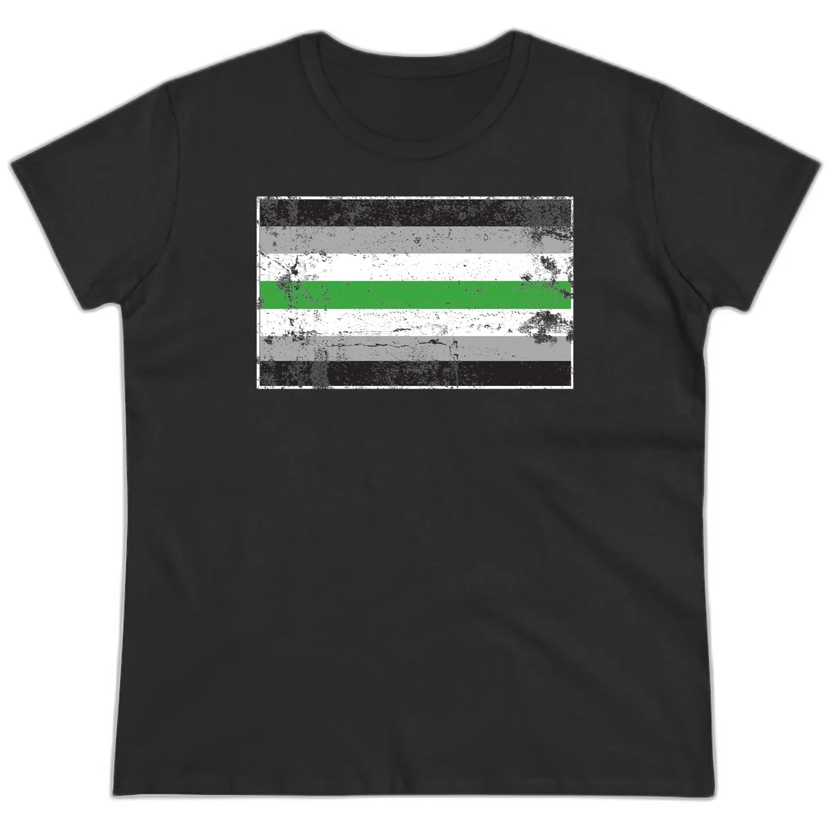 Demigender pride flag with black, gray, white, and green horizontal stripes in distressed grunge texture in Black