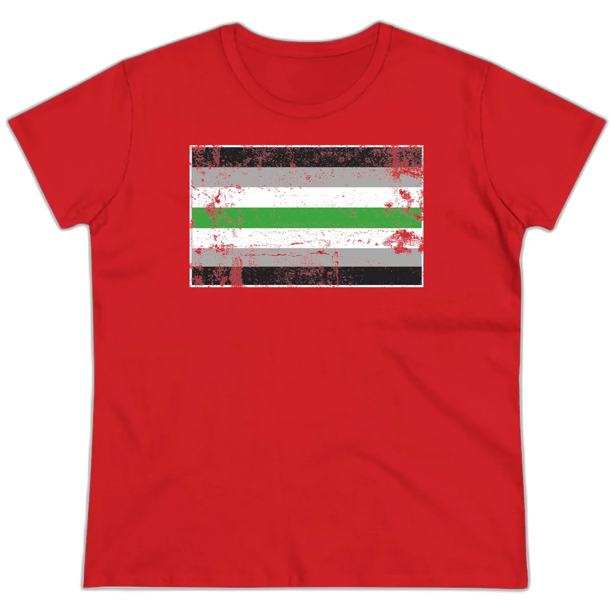 Demigender pride flag with black, gray, white, and green horizontal stripes in distressed grunge texture in Red