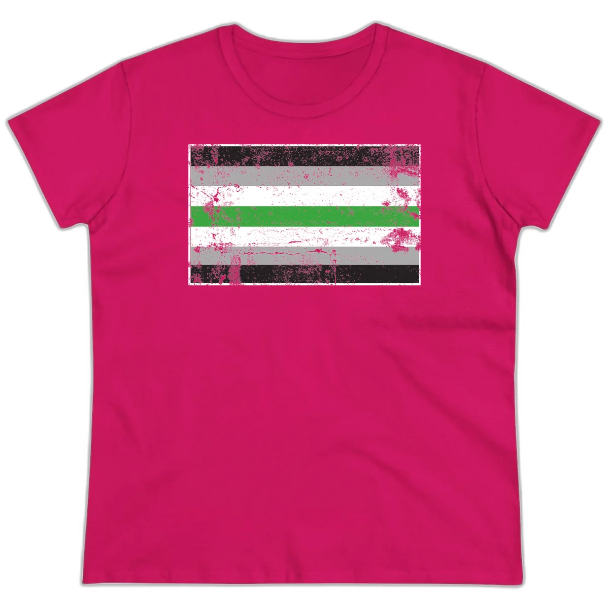 Demigender pride flag with black, gray, white, and green horizontal stripes in distressed grunge texture in Heliconia