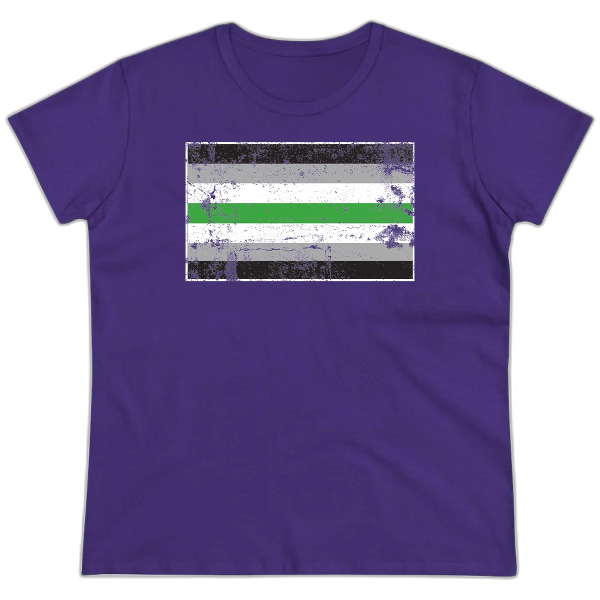 Demigender pride flag with black, gray, white, and green horizontal stripes in distressed grunge texture in Purple