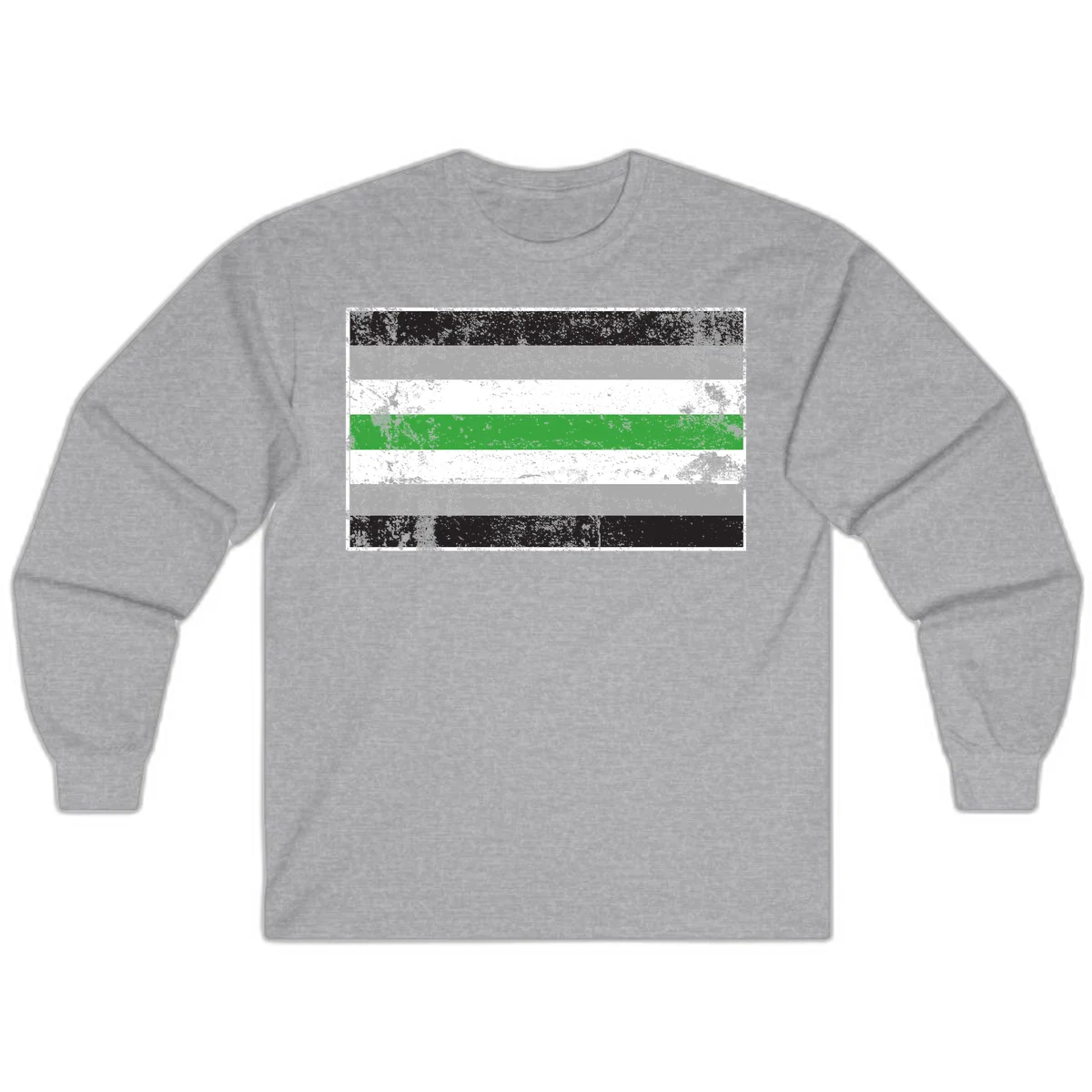 Demigender pride flag with black, gray, white, and green horizontal stripes in distressed grunge texture in Sport Grey