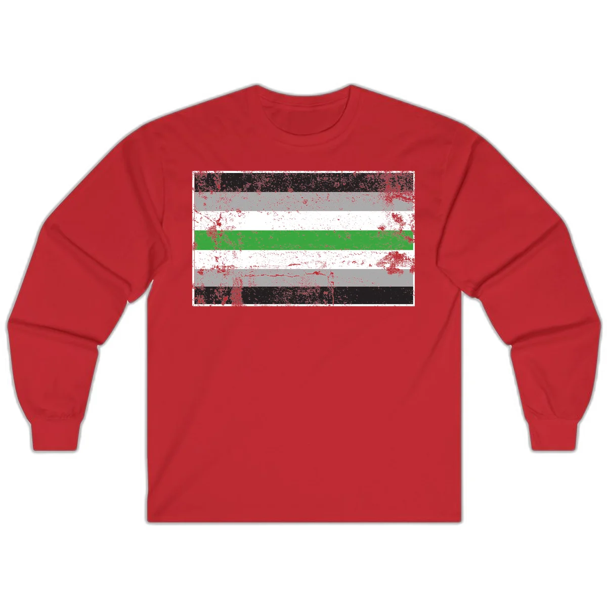 Demigender pride flag with black, gray, white, and green horizontal stripes in distressed grunge texture in Red