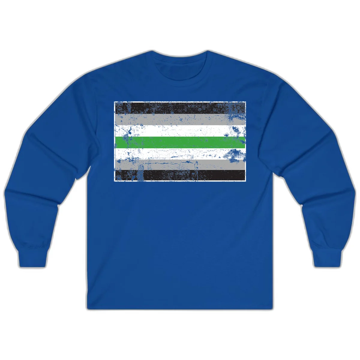 Demigender pride flag with black, gray, white, and green horizontal stripes in distressed grunge texture in Royal