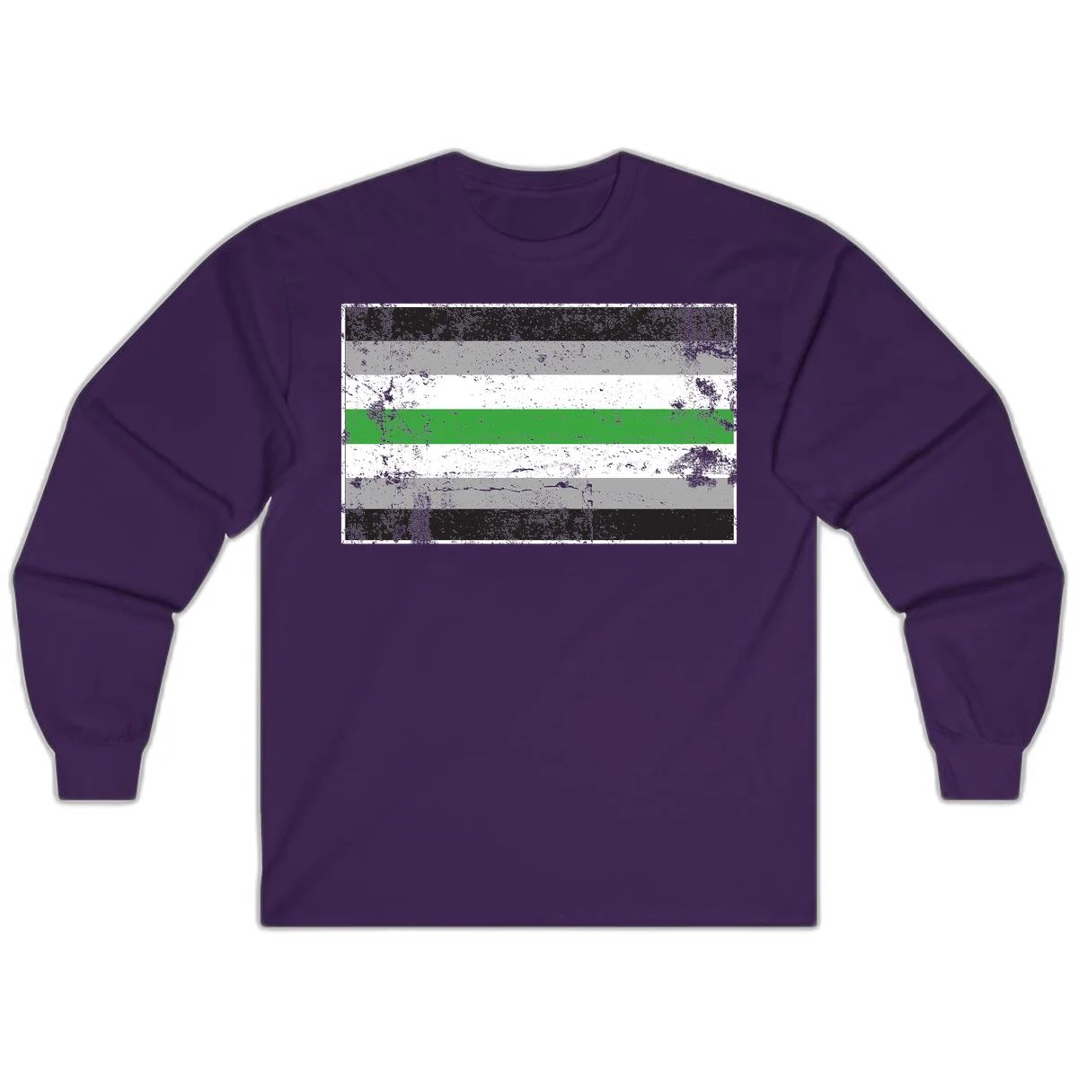 Demigender pride flag with black, gray, white, and green horizontal stripes in distressed grunge texture in Purple